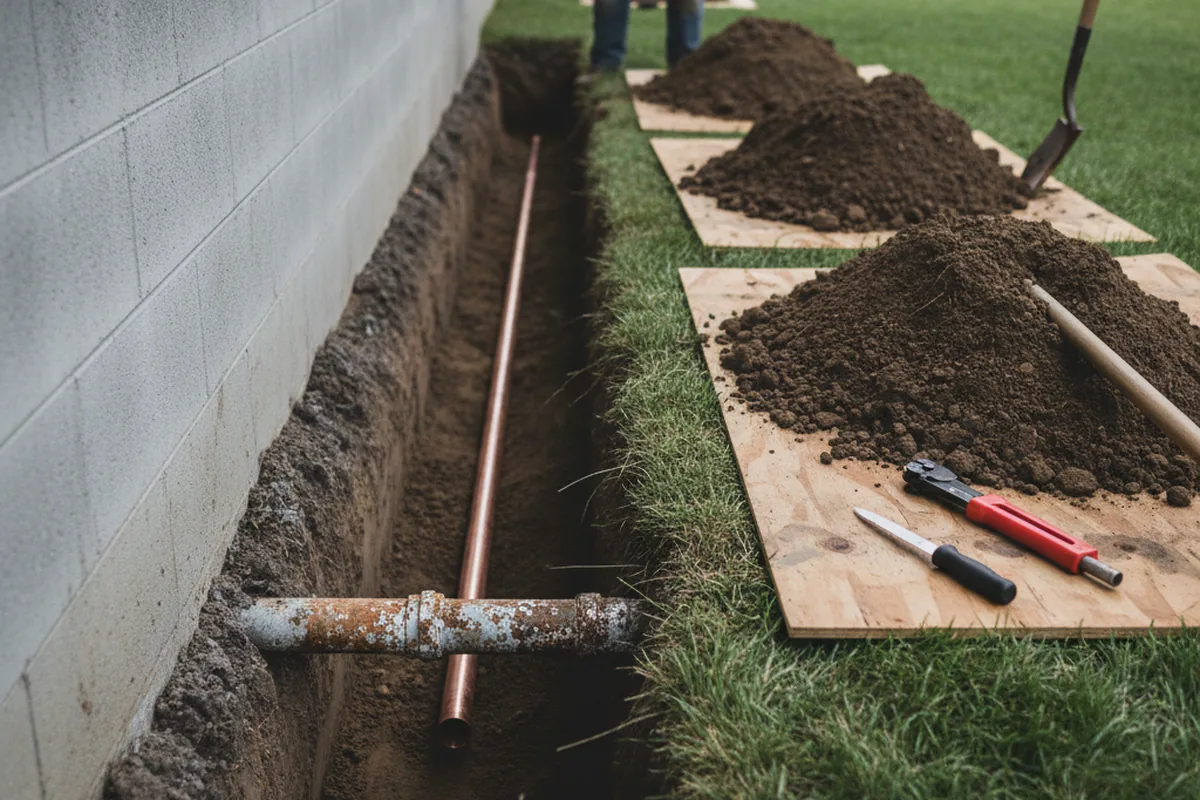 Excavated water line trench during Water Heater Repair in Owings
